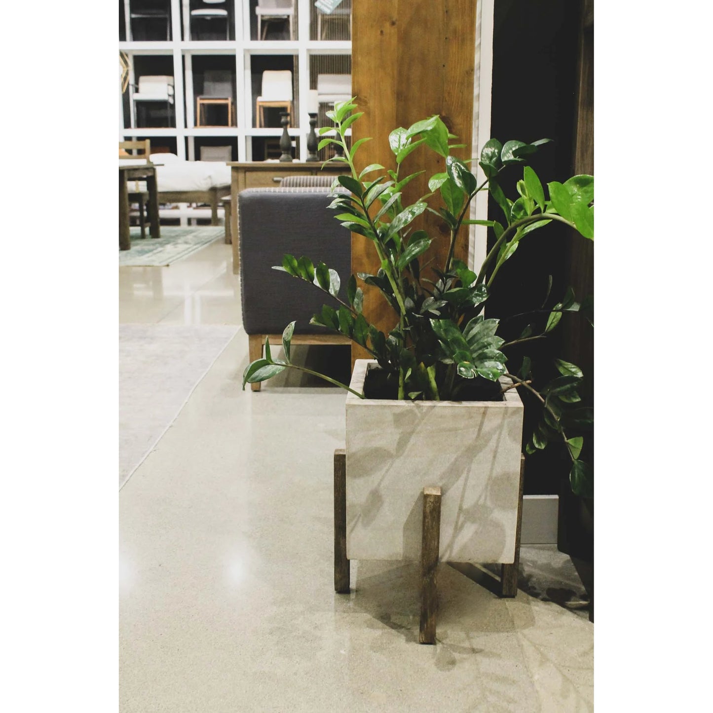 005 SI-2004376 | Lifestyle | Patio Square Standing Pot by LH Imports in natural stone and distressed brown. Made from acacia, ficonstone natural in a modern style.