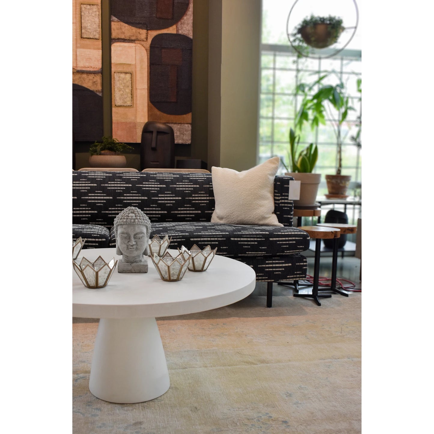 009 SI-2004363 | Lifestyle | Patio Buddha Head by LH Imports in light grey. Made from ficonstone ash grey in a modern style.