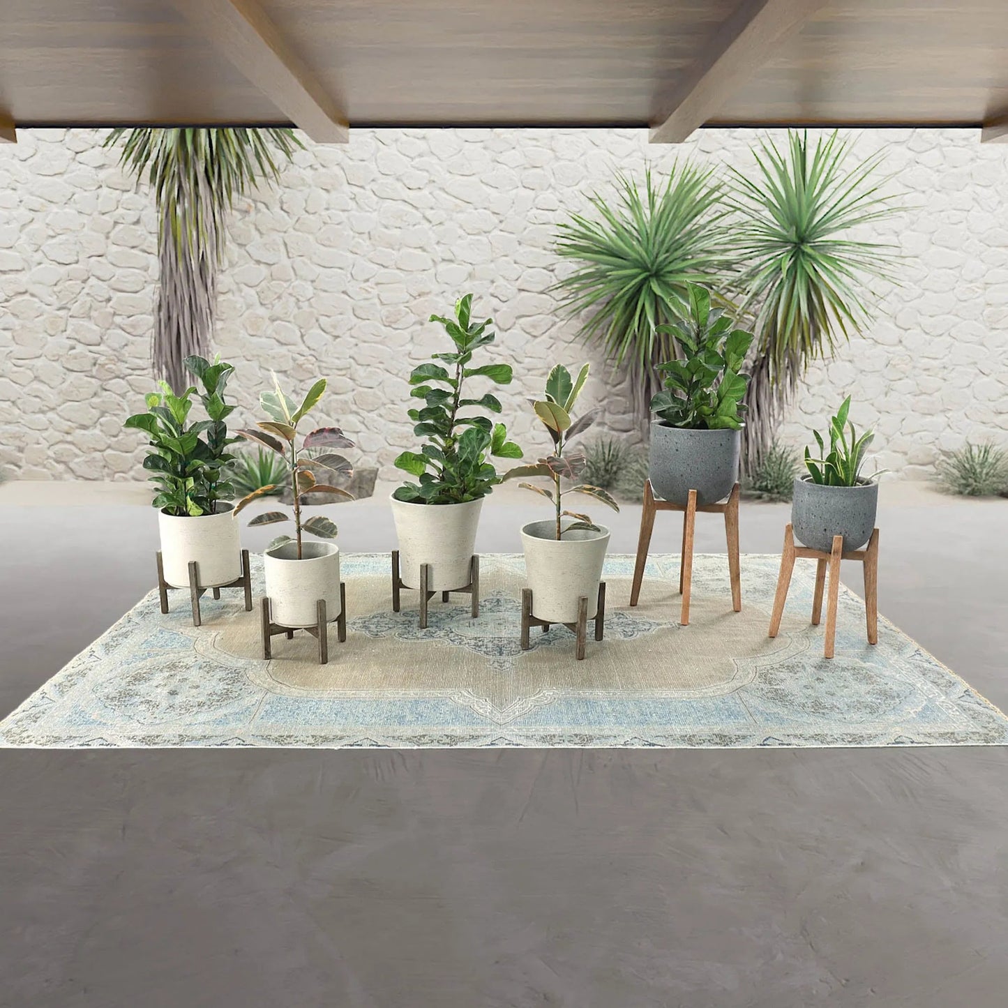 009 SI-2004370,SI-2004371 | Lifestyle | Patio Round Standing Pot by LH Imports in grey stone and distressed natural. Made from acacia, ficonstone laterite grey in a modern style.