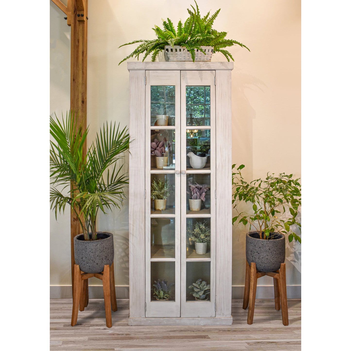 006 SI-2004370 | Lifestyle | Patio Round Standing Pot by LH Imports in grey stone and distressed natural. Made from acacia, ficonstone laterite grey in a modern style.