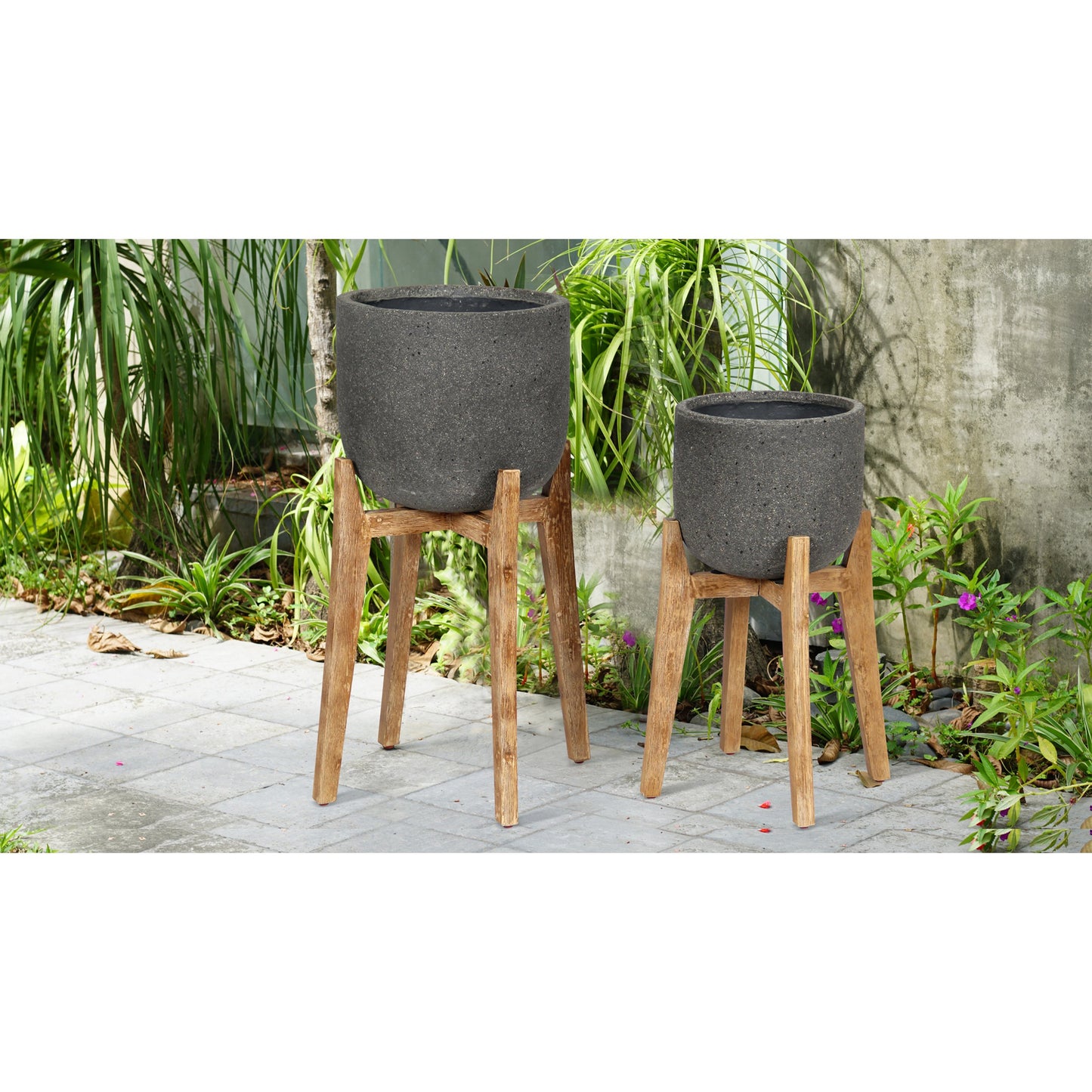 007 SI-2004370,SI-2004371 | Lifestyle | Patio Round Standing Pot by LH Imports in grey stone and distressed natural. Made from acacia, ficonstone laterite grey in a modern style.