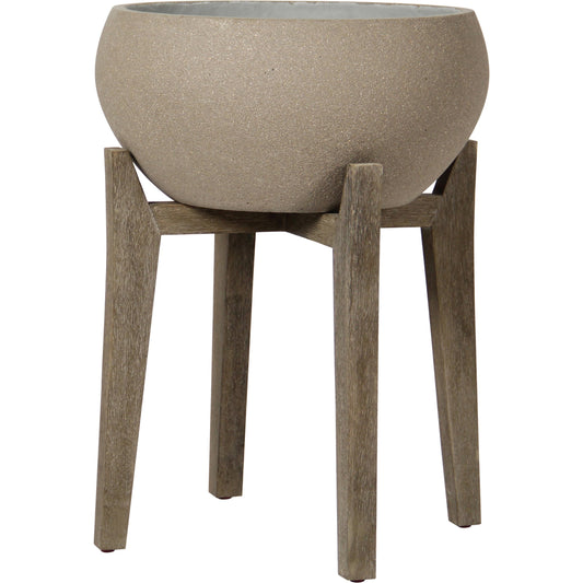 001 SI-2004377 | Primary Silo | Patio Standing Urn by LH Imports in brown stone and distressed brown. Made from acacia, ficonstone brown stone in a modern style.