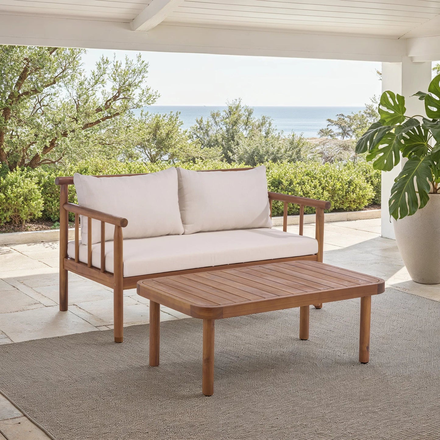 005 SI-2454063 | Lifestyle | Zeandale Bench + Table by HedgeApple Essentials in teak brown, cream. Made from acacia, poly cd, foam in a transitional style.