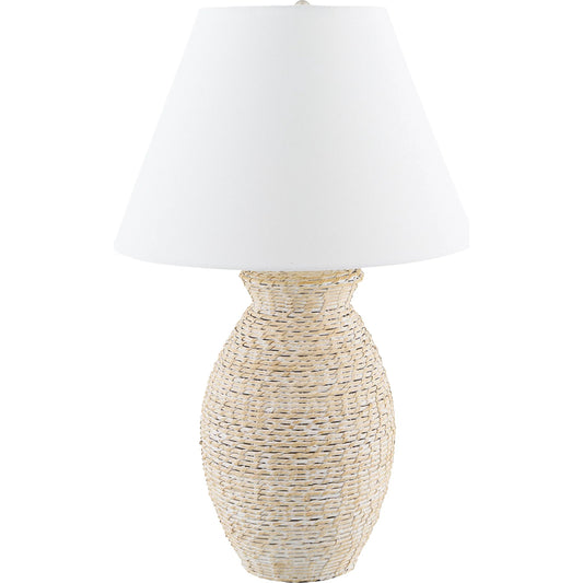 Pubil Accent Table Lamp by Surya. Made from rattan, linen, plastic, iron in a rustic style.
