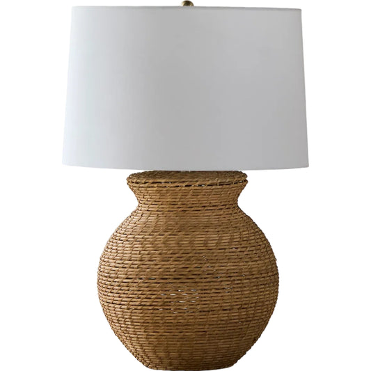 Pubil Accent Table Lamp by Surya in wheat, translucent, white, metallic gold, metallic brass and paintedelectroplated. Made from rattan, linen, plastic, iron in a rustic style.