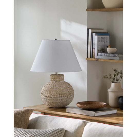 Pubil Round Accent Table Lamp by Surya in white, translucent, metallic nickel. Made from rattan, linen, plastic, iron in a rustic style.