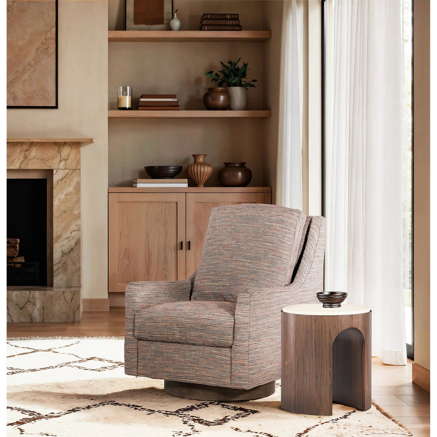 005 SI-2458573 | Lifestyle | Eleana Round End Table by Hooker Furniture in light caramel, quartered walnut veneers, marble. Made from walnut veneers, marble in a modern style.