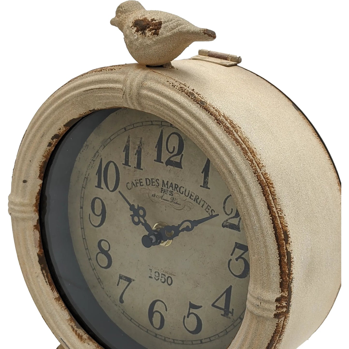 005 SI-2448766 | Closeup | Distressed Off-White Table Clock by Zentique in rustic off-white. Made from iron in a cottage & farmhouse style.