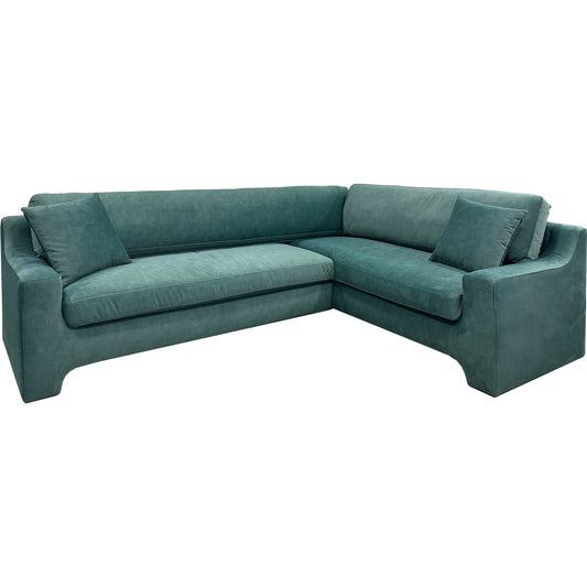 Purcel Sectional Sofa by Surya in teal, brown and wood finish. Made from upholstery: polyester, base: rubber wood, fill: polyurethane foam, fill: 40% polyurethane foam, 60% polyester, polyfill in a modern style.