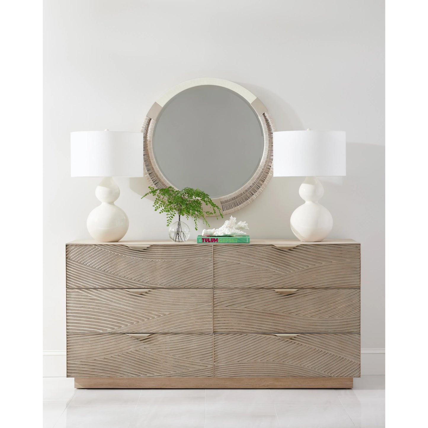 005 SI-2186245 | Lifestyle | Water Gyre Round Multimedia Mirror by Jonathan Charles in grasscloth, danish cord, faux bone. Made from danish cord, leather in a modern style.