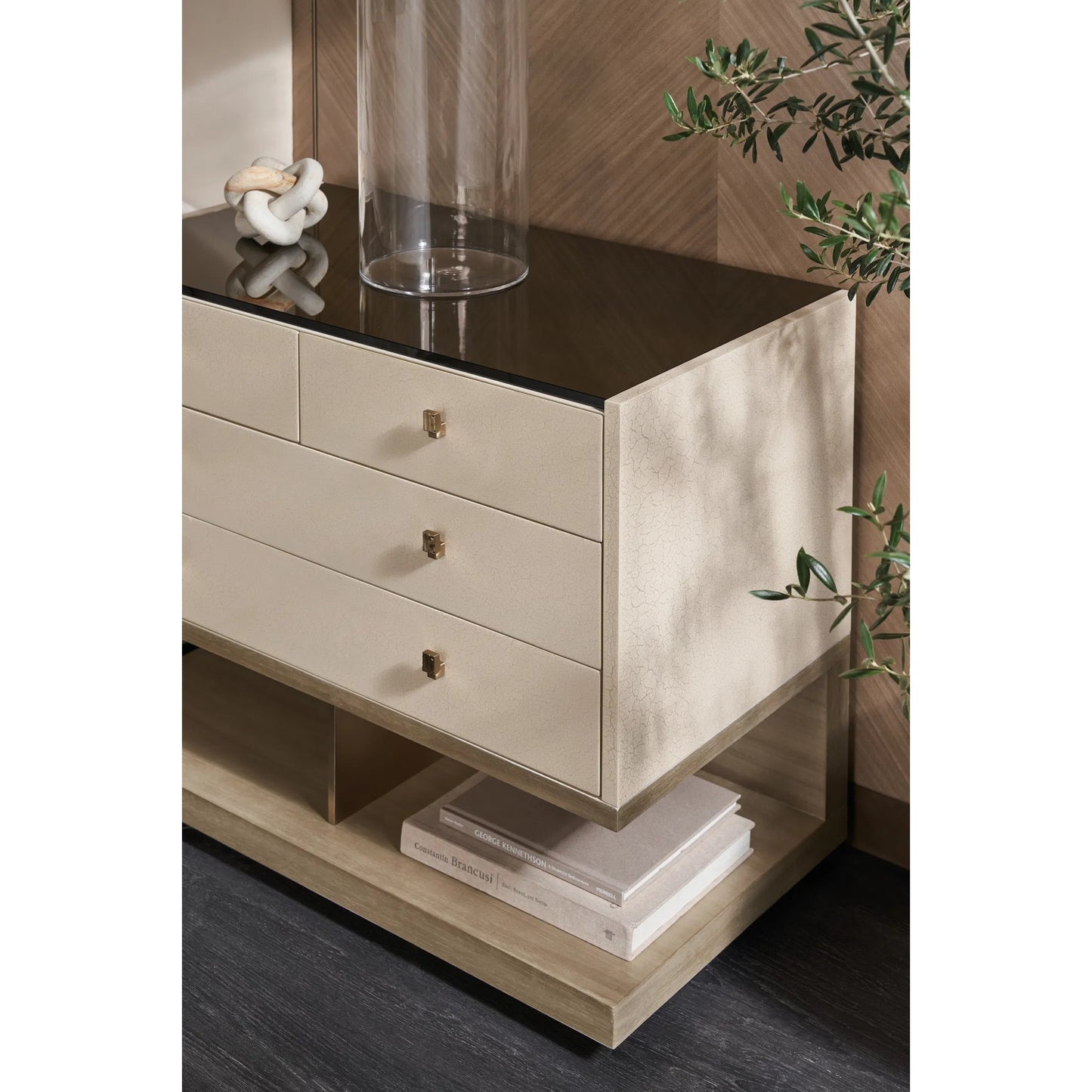 003 SI-2162867 | Lifestyle | Odyssey Nightstand by Caracole in smoked, bronze, gold and ivory craze, dry martini. Made from poplar, glass, koto in a transitional style.
