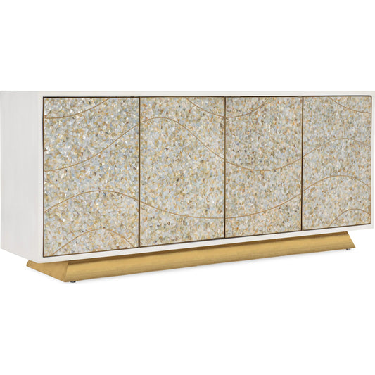 Melange Shelly Credenza by Hooker Furniture in soft white, gold base. Made from wood, capiz shell in a eclectic & global style.
