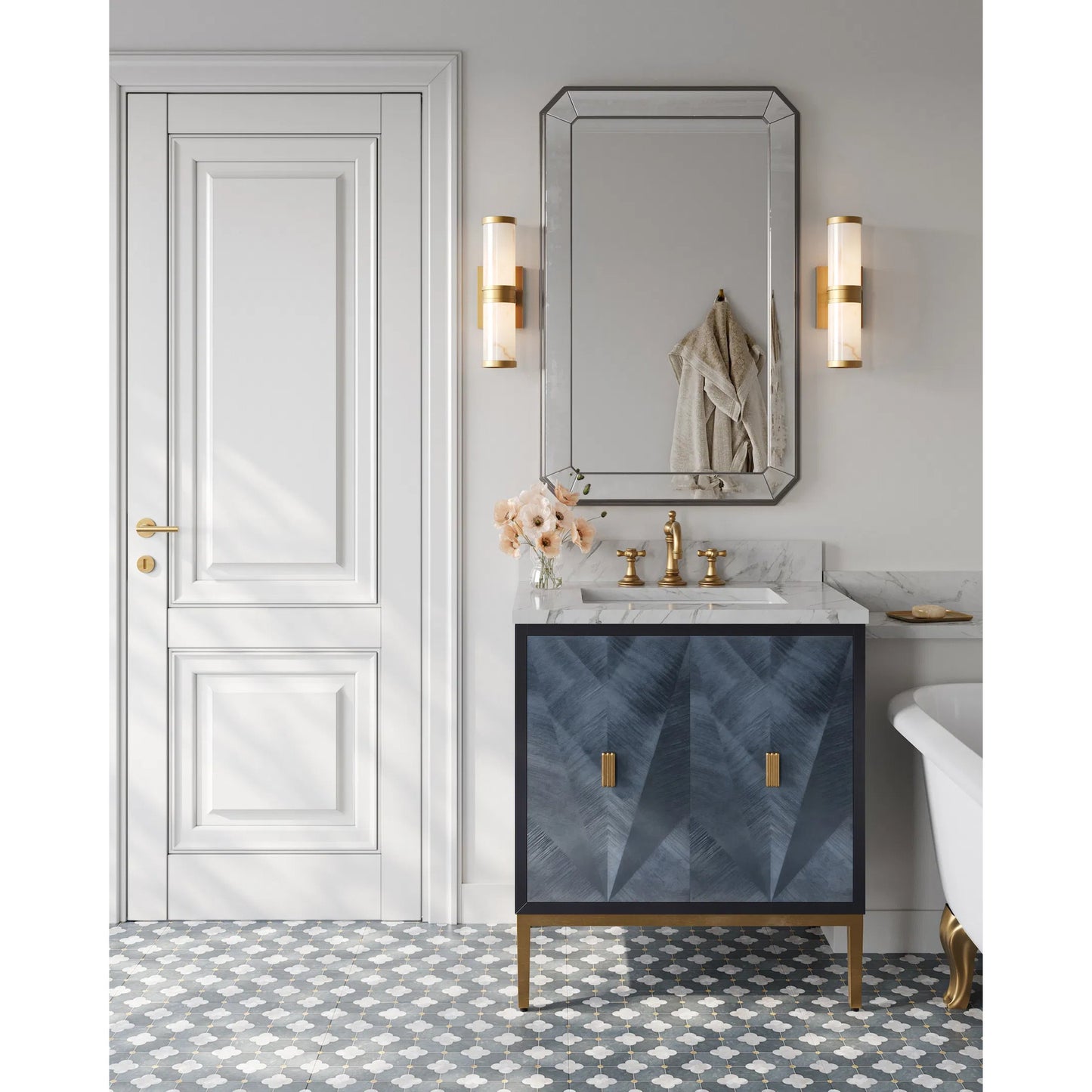 009 SI-2257280 | Lifestyle | Kallista 30" Blue Vanity with Undermount Sink by Currey and Company in dark sapphire, caviar black, natural, white, antique brass. Made from sycamore veneer, mahogany veneer, carrera marble, vitreous china, iron, brass in a ecl