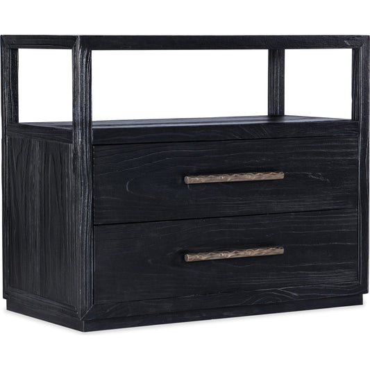 Linville Falls Shou Sugi Ban Two Drawer Nightstand by Hooker Furniture in shadow, antique pewter. Made from pine veneers in a modern style.