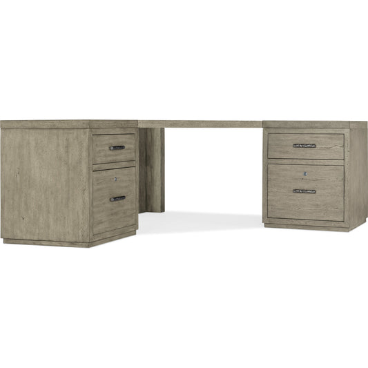 001 SI-1900739 | Primary Silo | Linville Falls Corner Desk with 2 Small Files by Hooker Furniture in mink, antique pewter. Made from oak veneers in a modern style.