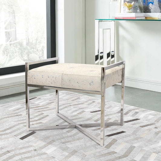 Safari Steel & Cowhide Bench - PGN-1306 by Pasargad Home in silver. Made from steel, cowhide in a unique style.