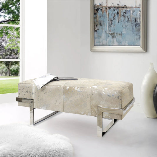 Safari Steel & Cowhide Bench - PGN-1313 by Pasargad Home in silver. Made from steel, cowhide in a unique style.
