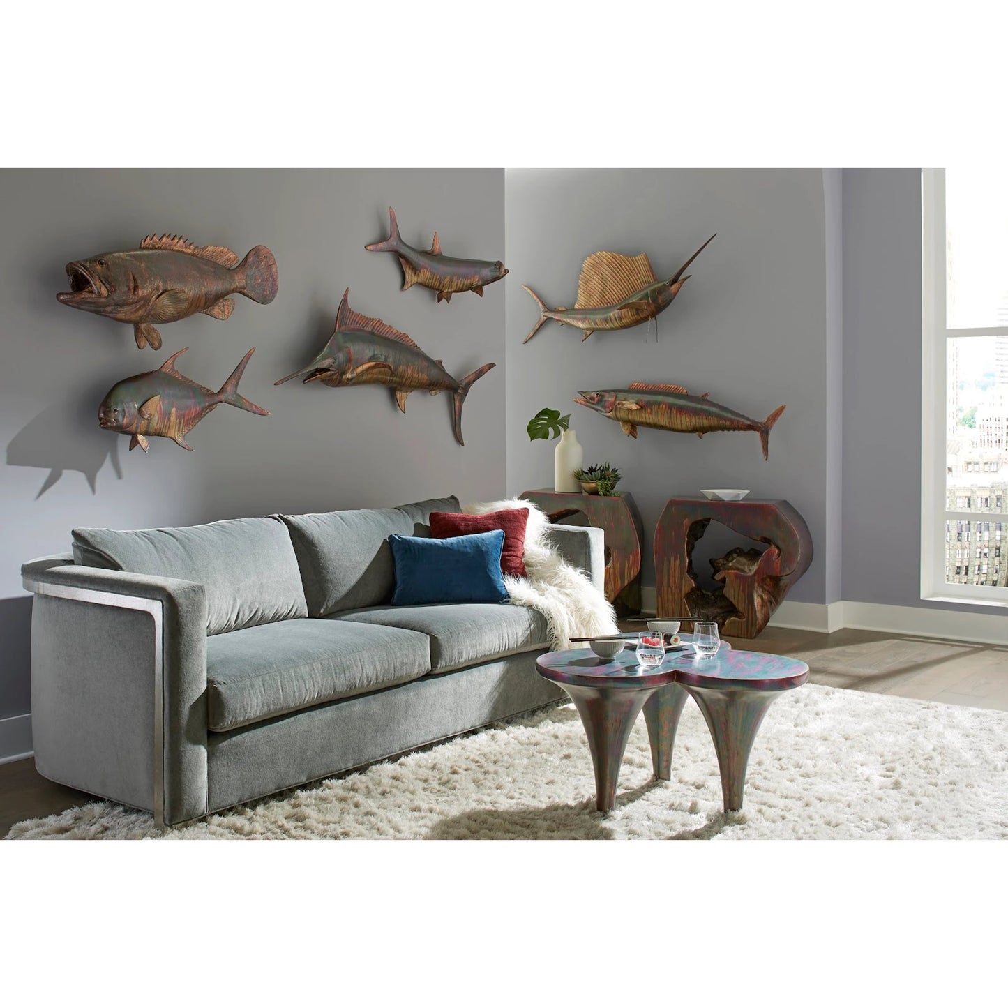 003 SR-820054 | Lifestyle | Blue Marlin Fish Wall Sculpture by Phillips Collection in brown and copper patina. Made from resin in a coastal style.