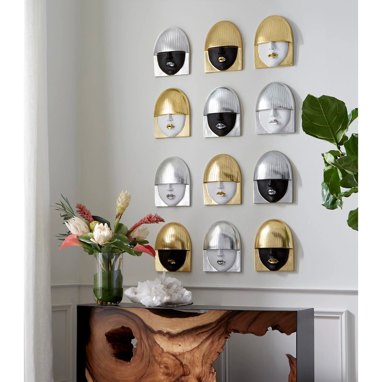 004 SR-939457 | Lifestyle | Fashion Faces Small White and Gold Wall Art Set by Phillips Collection in white, gold and gold leaf. Made from resin in a modern style.