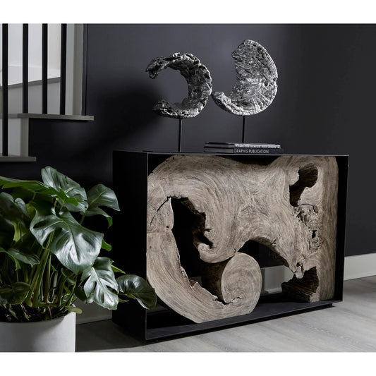 Cast Eroded Wood Circle on Stand I by Phillips Collection in silver leaf. Made from resin in a rustic style.