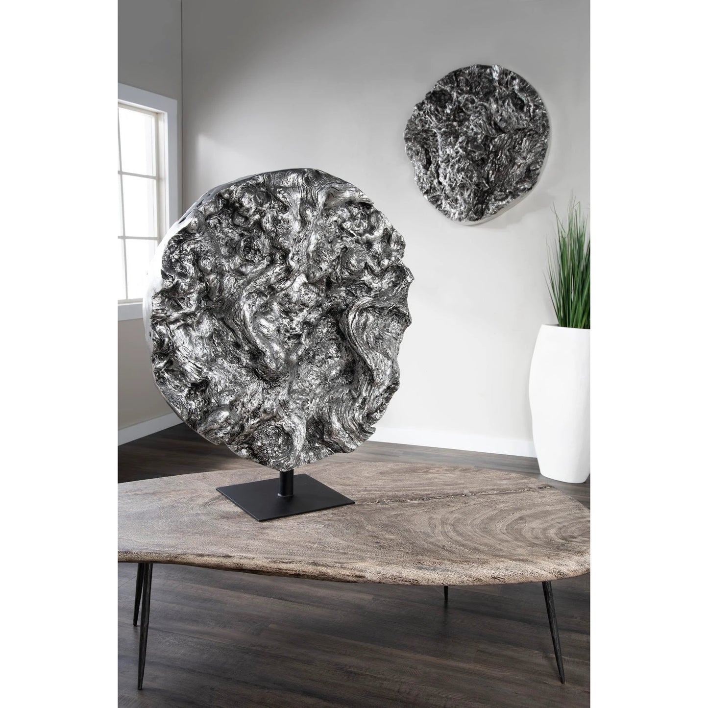004 SI-1944786 | Lifestyle | Cast Root Silver Standing Sculpture by Phillips Collection in silver, black and silver leaf. Made from resin metal, iron in a rustic style.