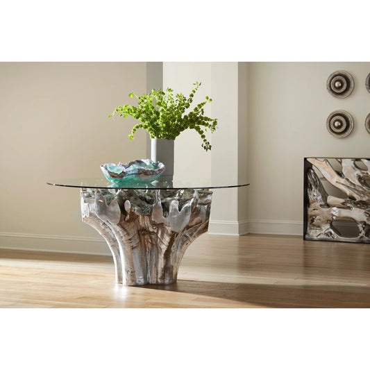 Root Small Silver Dining Table Base by Phillips Collection in silver, clear and silver leaf. Made from resin glass in a modern style.