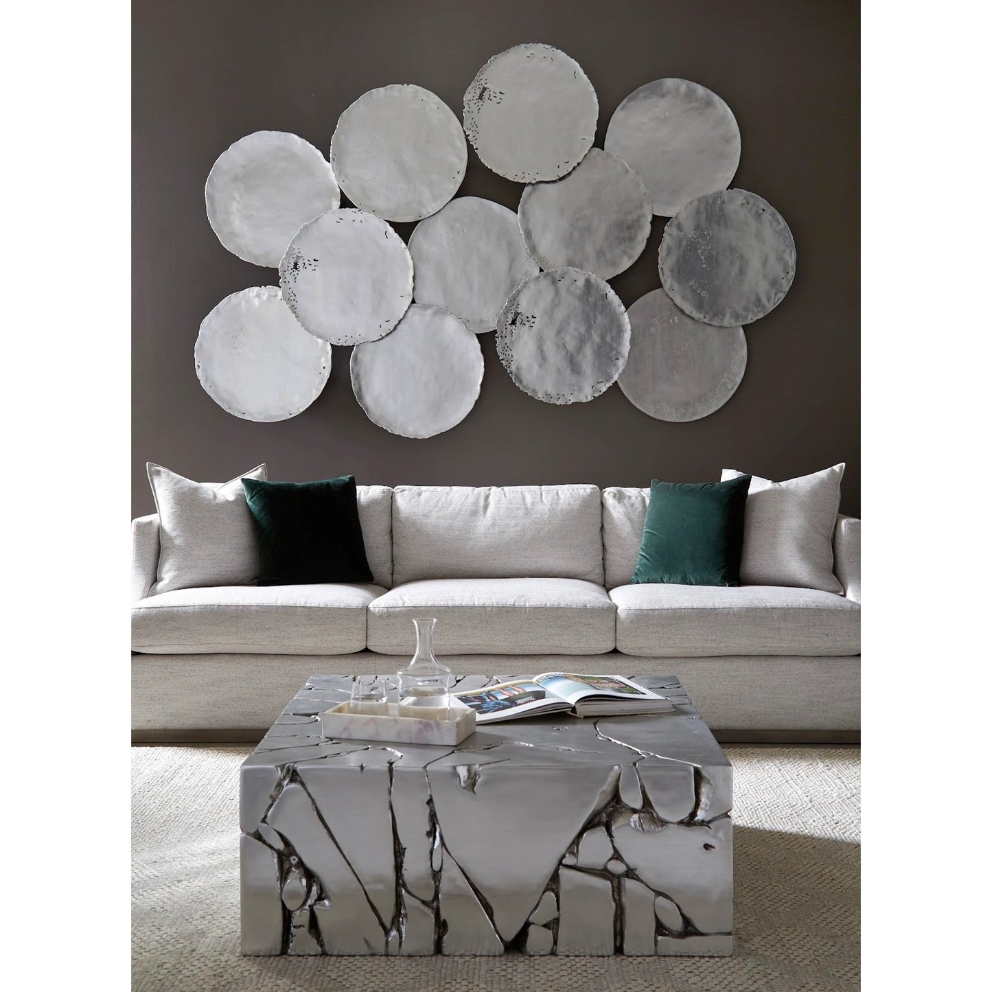 011 SI-1944812 | Lifestyle | Chunk Square Silver Coffee Table by Phillips Collection in silver and silver leaf. Made from resin, resin composite in a modern style.