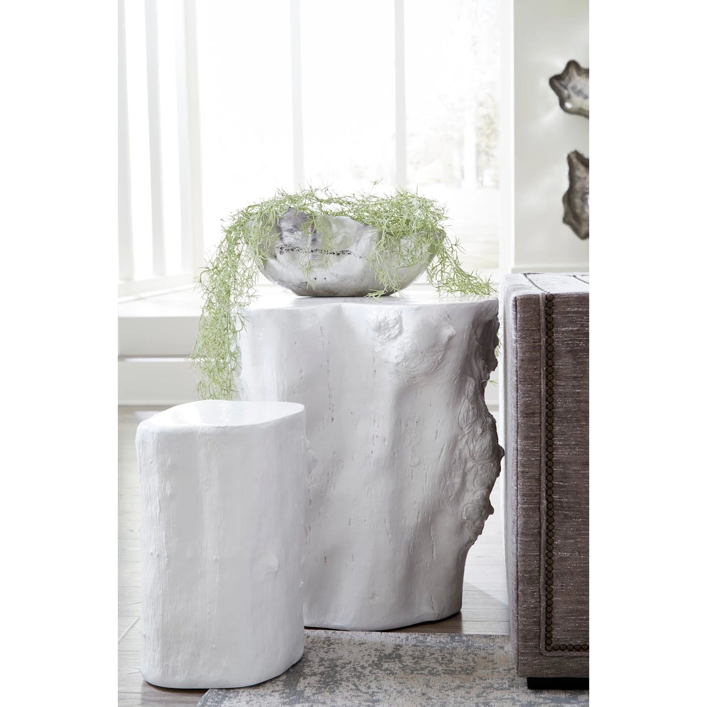 017 SI-1944901 | Lifestyle | Log White Side Table by Phillips Collection in white and gel coat. Made from resin composite in a eclectic & global style.