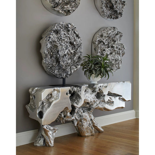 Cast Root Swirling Wall Sculpture by Phillips Collection in silver and silver leaf. Made from resin in a rustic style.