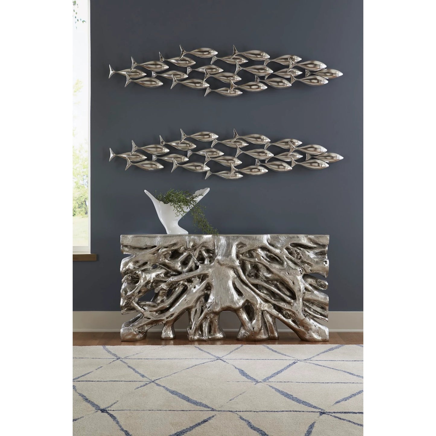 003 SI-1944941 | Lifestyle | Silver School of Fish Wall Art by Phillips Collection in silver and silver leaf. Made from resin in a modern style.