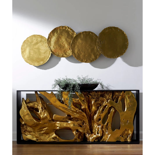 Cast Root Framed Large Console Table by Phillips Collection in gold, black and gold leaf. Made from resin wood in a modern style.