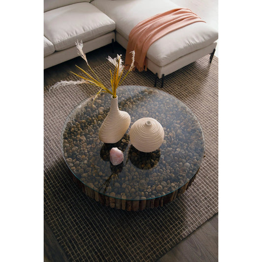 Manhattan Round Coffee Table by Phillips Collection in brown, black. Made from wood glass in a eclectic & global style.