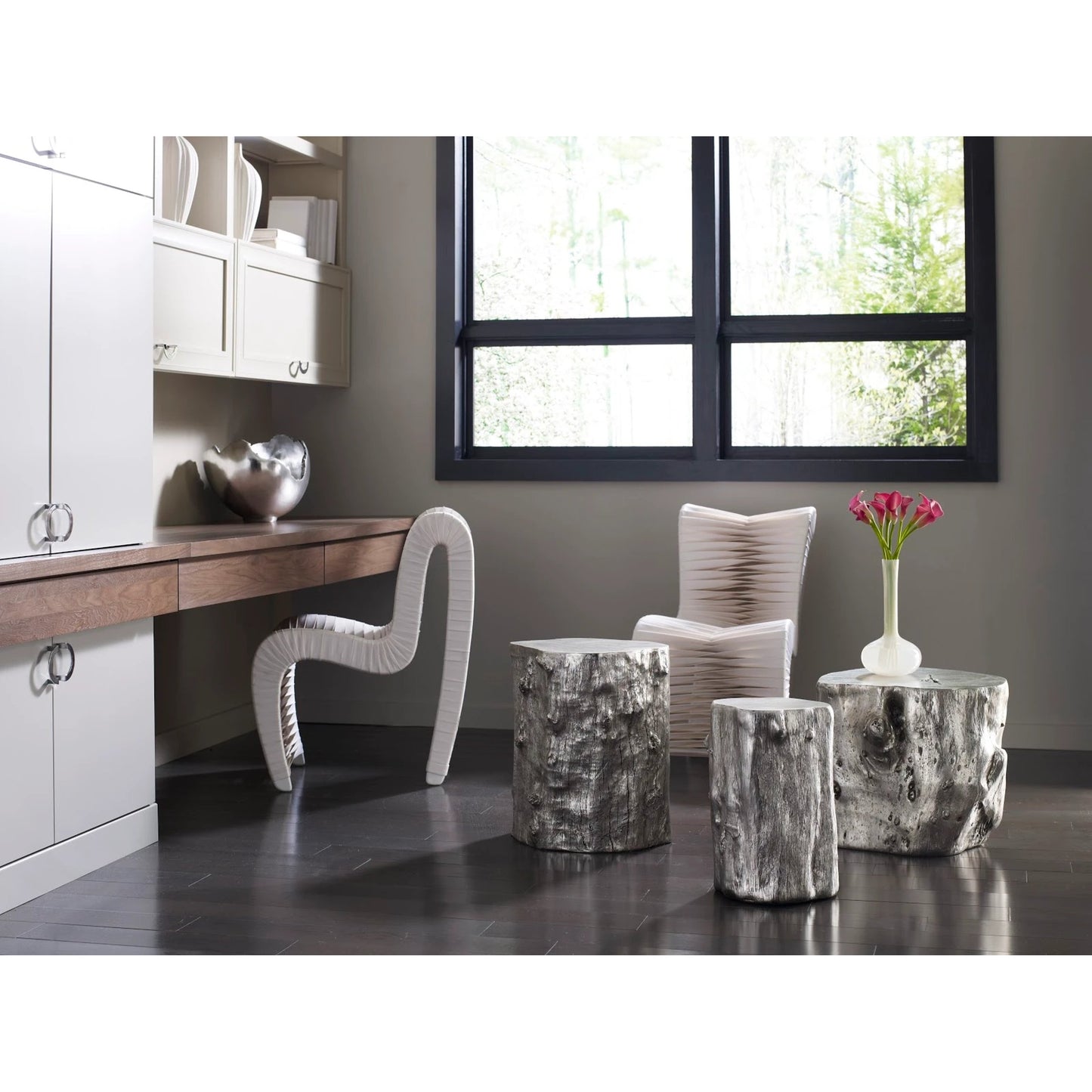 009 SI-1790235 | Additional Silo | Log Silver Stool by Phillips Collection in silver and silver leaf. Made from resin in a eclectic & global style.