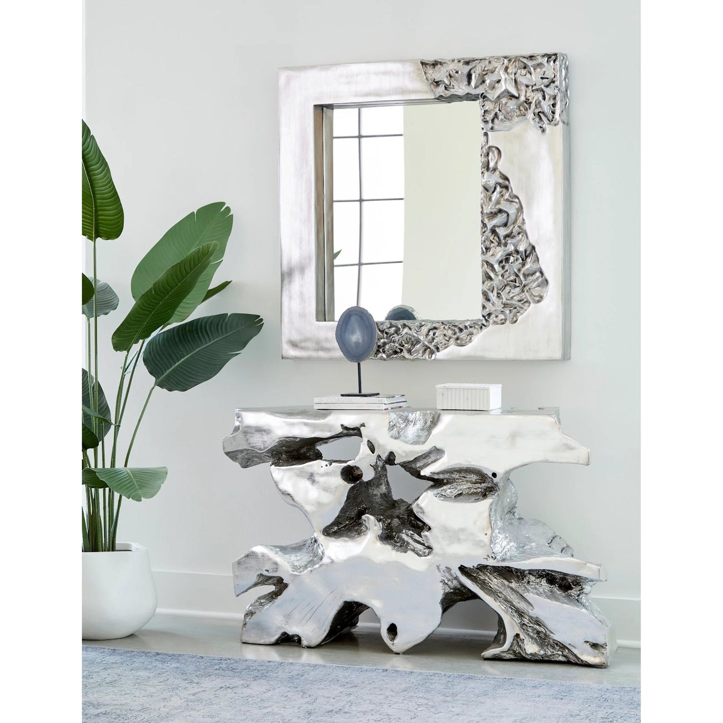 008 SI-1786393 | Lifestyle | Venice Freeform Console by Phillips Collection in silver and silver leaf. Made from resin in a modern style.