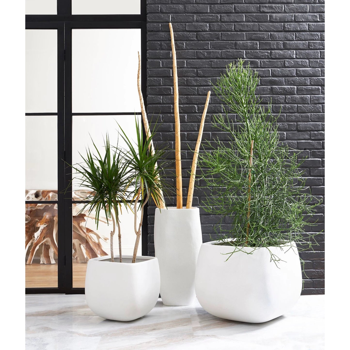 007 SR-820262 | Lifestyle | Claire Planter by Phillips Collection in white and stone cast. Made from resin in a modern style.