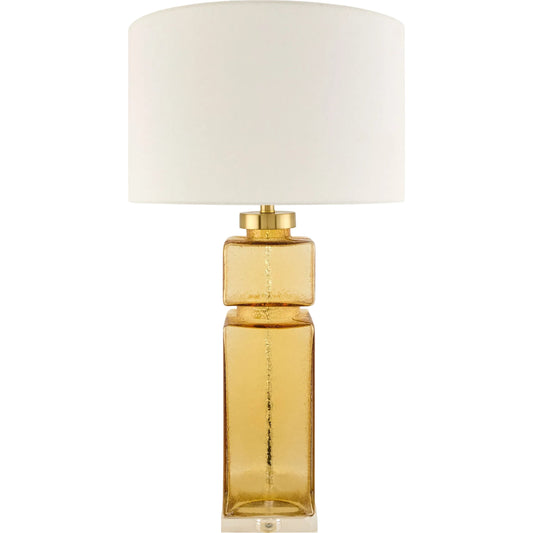 Pahia Accent Table Lamp by Surya in white, translucent, yellow, metallic gold. Made from glass, crystal, linen, polyester, iron in a modern style.
