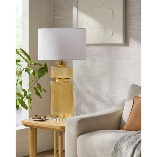 Pahia Accent Table Lamp by Surya in white, translucent, yellow, metallic gold. Made from glass, crystal, linen, polyester, iron in a modern style.