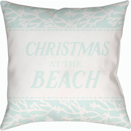 Sea-Sons Greetings Pillow - 6184 by Livabliss in seafoam. Made from front: 100% polyester, back: 100% polyester, fill: 100% polyester, polyfill in a coastal style.