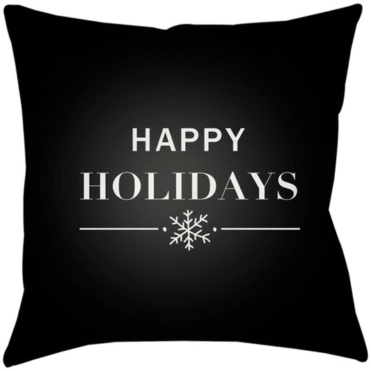 Happy Holidays Pillow - 18359 by Livabliss in black. Made from front: 100% polyester, back: 100% polyester, fill: 100% polyester, polyfill in a traditional style.