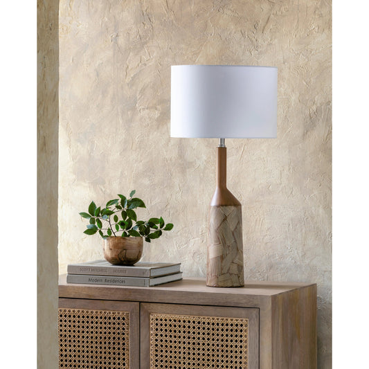 Phelps Table Lamp by Surya in translucent, metallic nickel, white, metallic silver, dark brown and painted. Made from body: resin, shade (outside): linen, shade (inside): linen, finial: metal in a modern style.