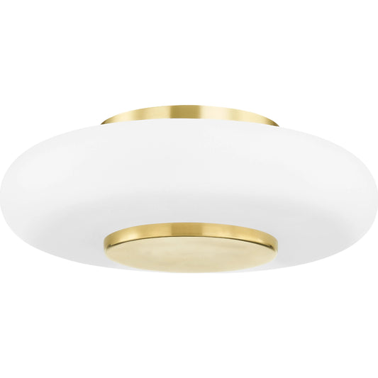 Blyford 1 Light Flush Mount by Hudson Valley in aged brass. Made from brass in a modern style.
