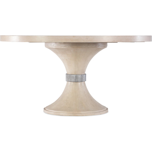 Nouveau Chic Round Pedestal Dining Table by Hooker Furniture in sandstone. Made from oak veneers, resin in a modern style.