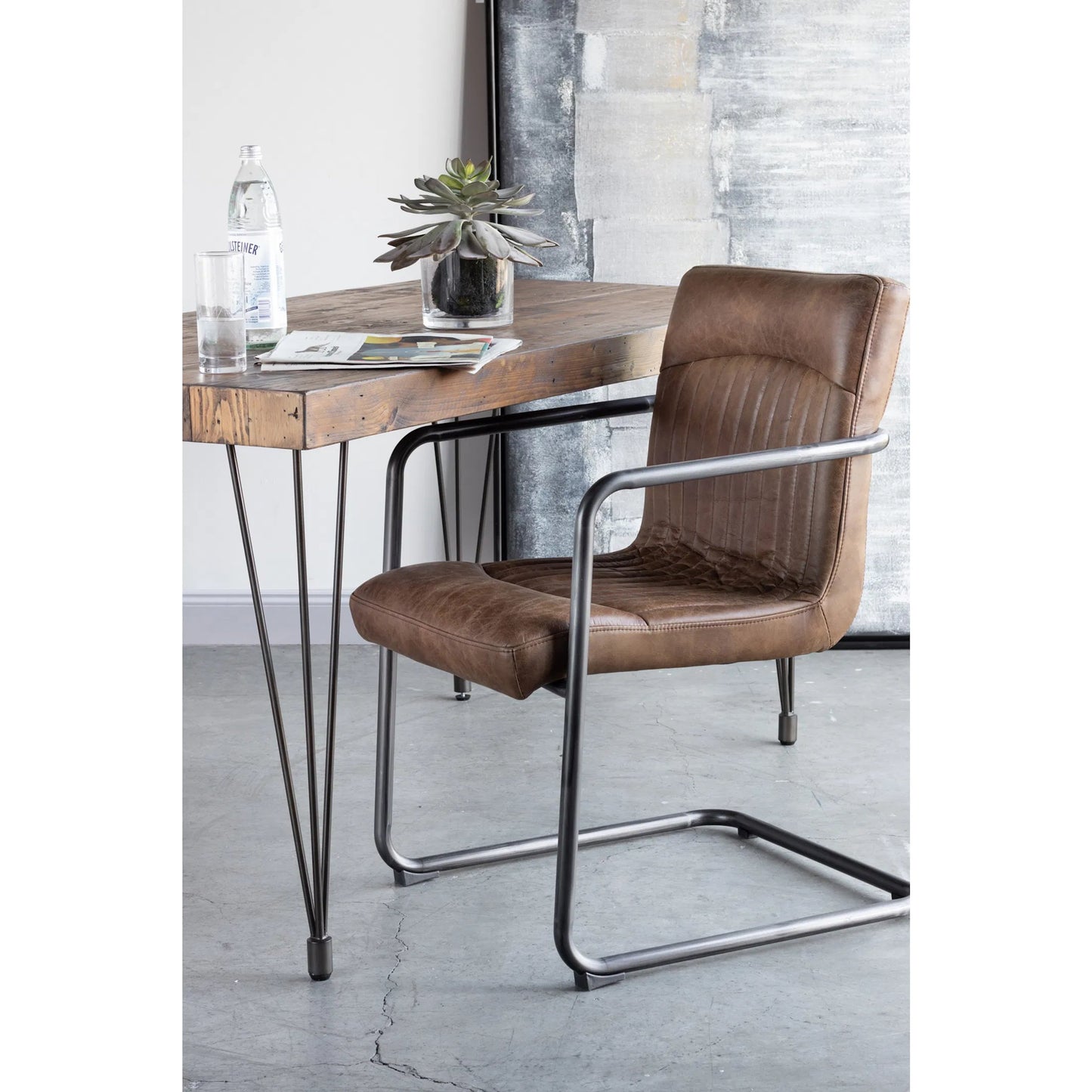 017 S-699887 | Lifestyle | Ansel Arm Chair (Set of 2) by Moe's Home Collection in light brown. Made from full leather, iron frame, fireproof foam in a modern style.