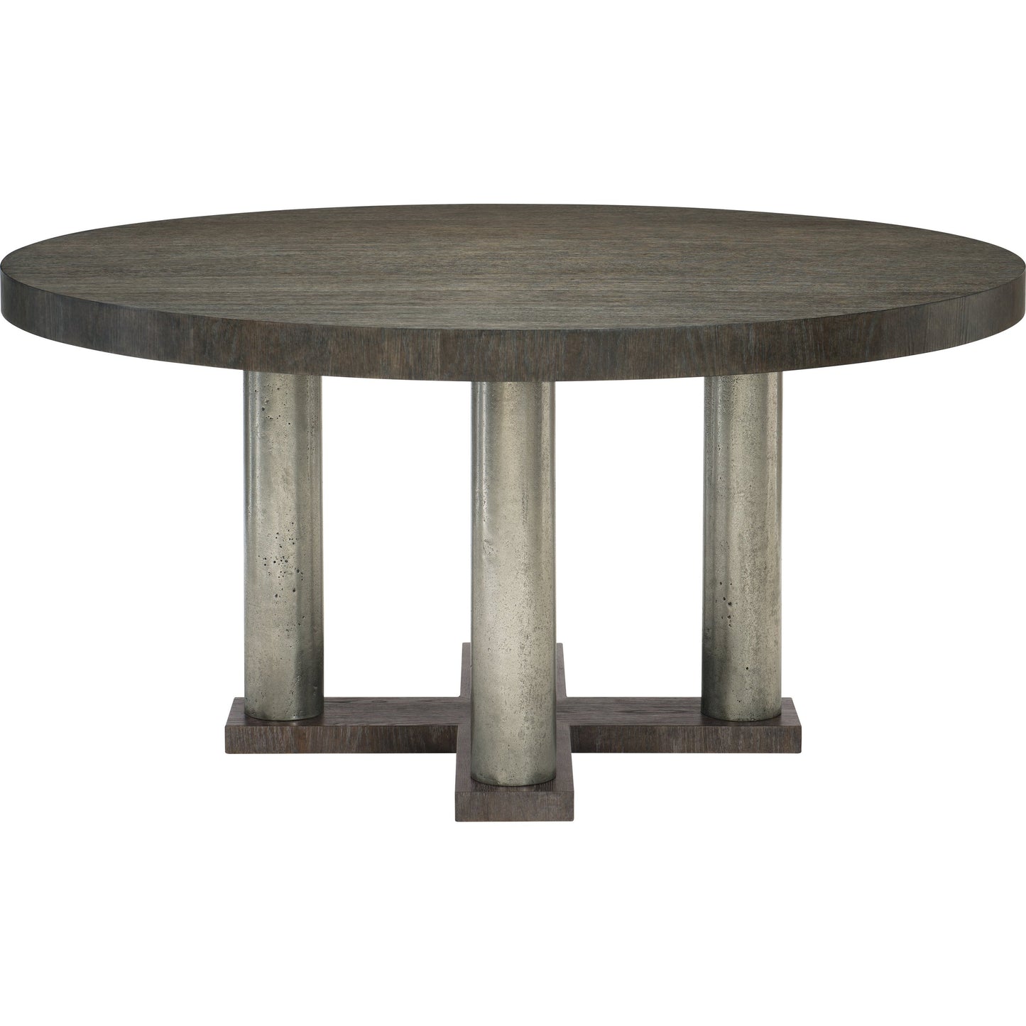 001 SI-1711408 | Additional Silo | Linea Round Dining Table by Bernhardt in cerused charcoal, textured graphite metal. Made from white oak veneers, cast aluminum in a unique style.