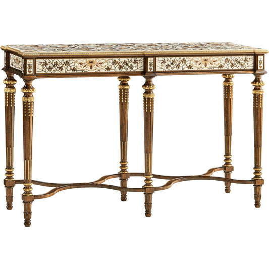 Trianon Console Table by Jonathan Charles in oak leaf parquetry. Made from mahogany solids, various marquetry veneers, resin, brass in a traditional style.