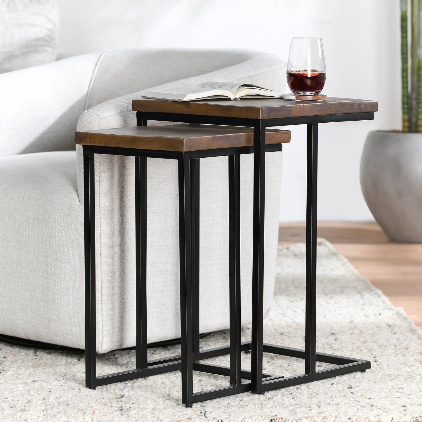 001 SR-897733 | Closeup | Lynda Nesting Tables by Kosas Home in mahogany. Made from hand-crafted out of solid mango wood, iron in a modern style.