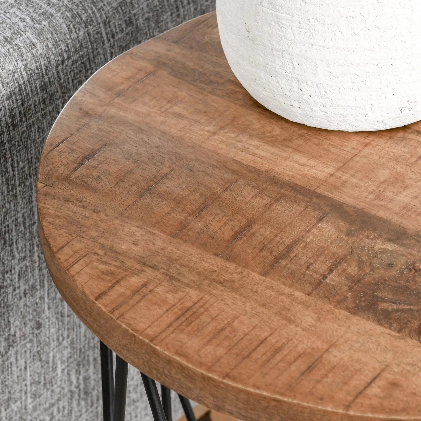 004 SR-897679 | Closeup | Chester End Table by Kosas Home in chestnut brown top, black finish base. Made from mango wood top, iron base in a modern style.
