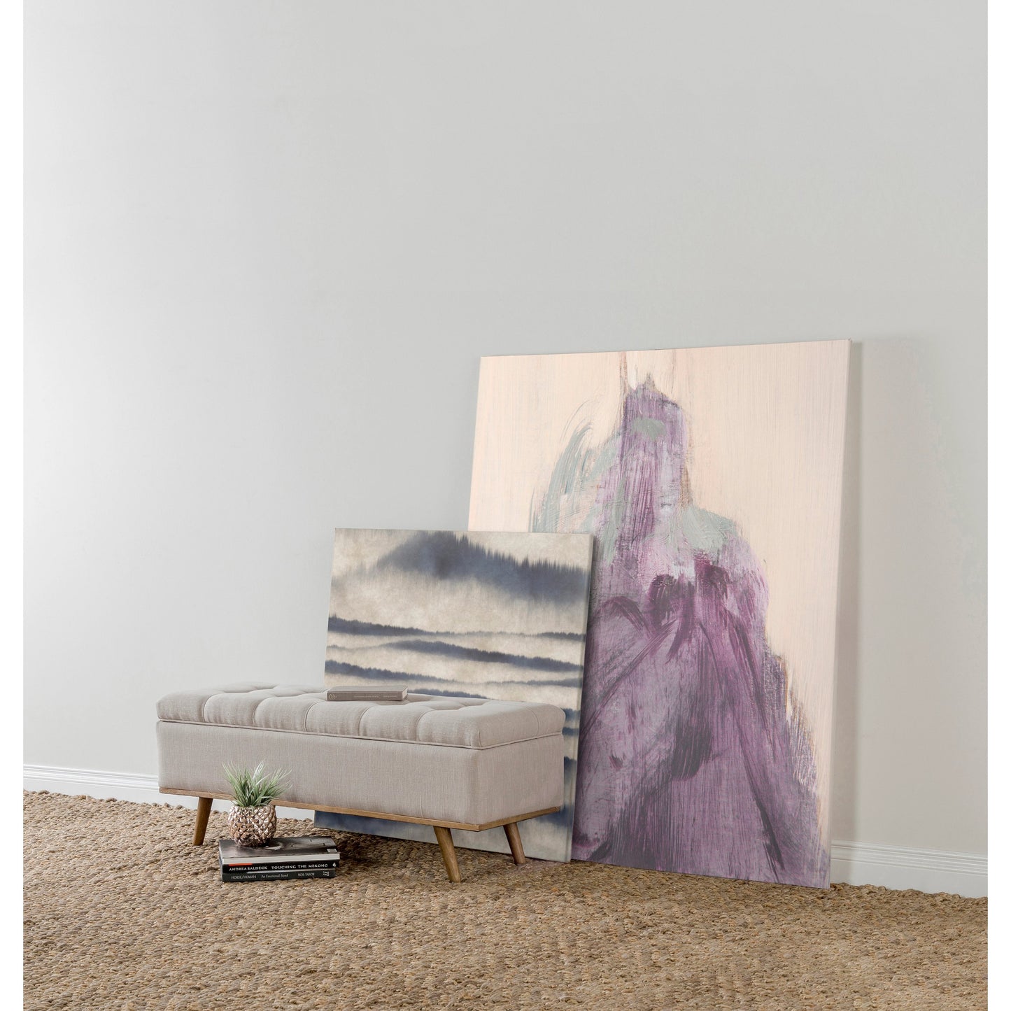 008 SR-897827 | Lifestyle | Stimpson Storage Bench by Kosas Home in french beige. Made from solid wood, upholstered in: 57% polyester, 25% viscose, 18% linen in a transitional style.