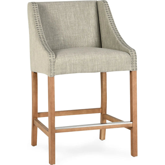 Castaic Counter Stool by Kosas Home in french beige, honey brown. Made from blended upholstery (28% linen, 18% polyester, 54% velvet, rubber wood legs in a modern style.
