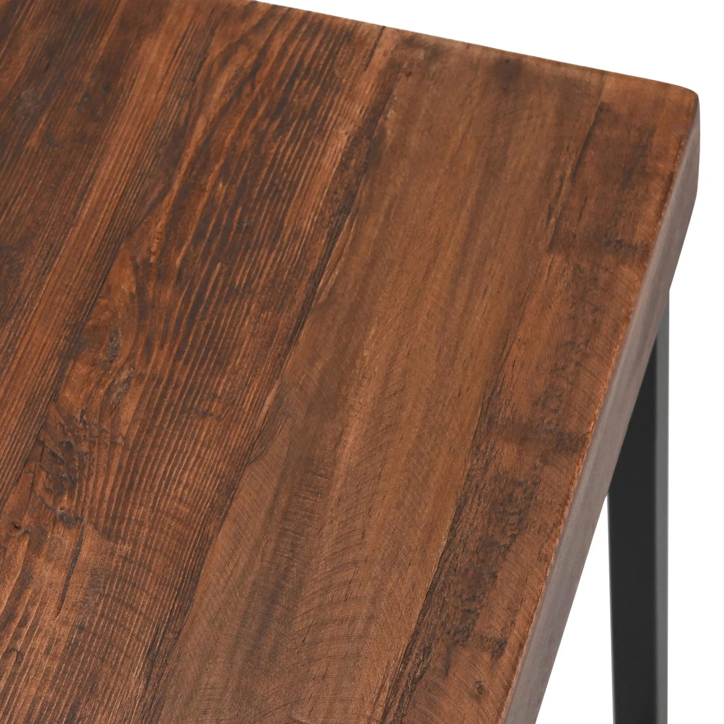 005 SR-897780 | Closeup | Porter Barstool by Kosas Home in rustic mahogany. Made from reclaimed pine top, iron legs in a modern style.